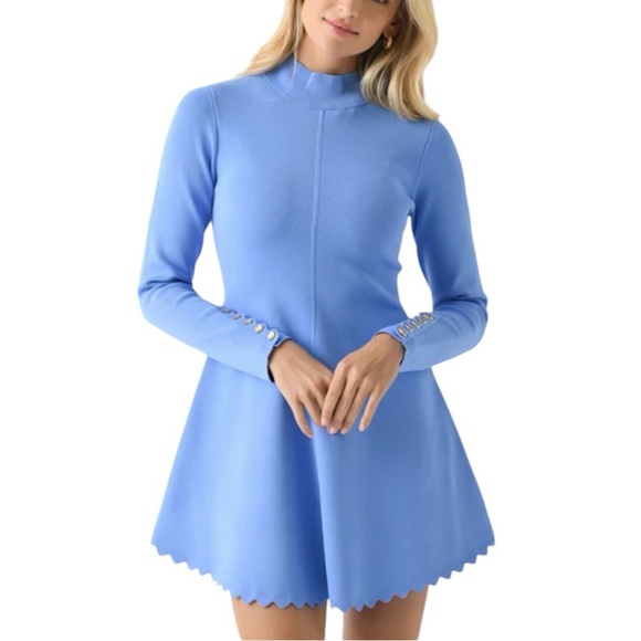 AJE- NWT Mist Blue Harmony Knit Longsleeve Scalloped Trim High Collar Mini Dress - Picture 1 of 10